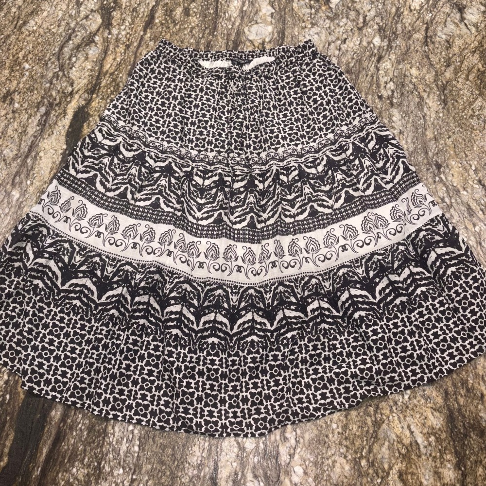 Boho Tiered Midi Skirt Cotton Gauze Printed Women M Black White Jane Ashley